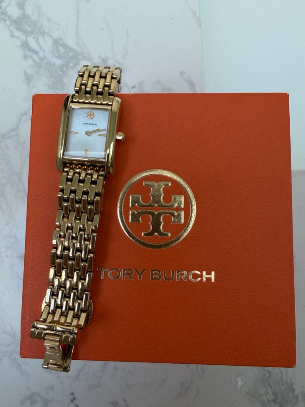Tory Burch Gold-Tone Rectangular Mother-of-Pearl Bracelet Watch